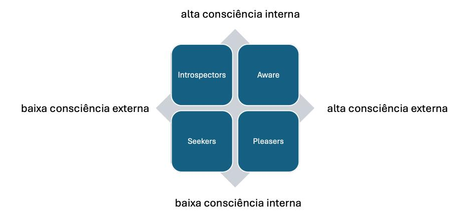 Matriz de autoconsciência com quatro quadrantes: Introspectors, Aware, Seekers e Pleasers